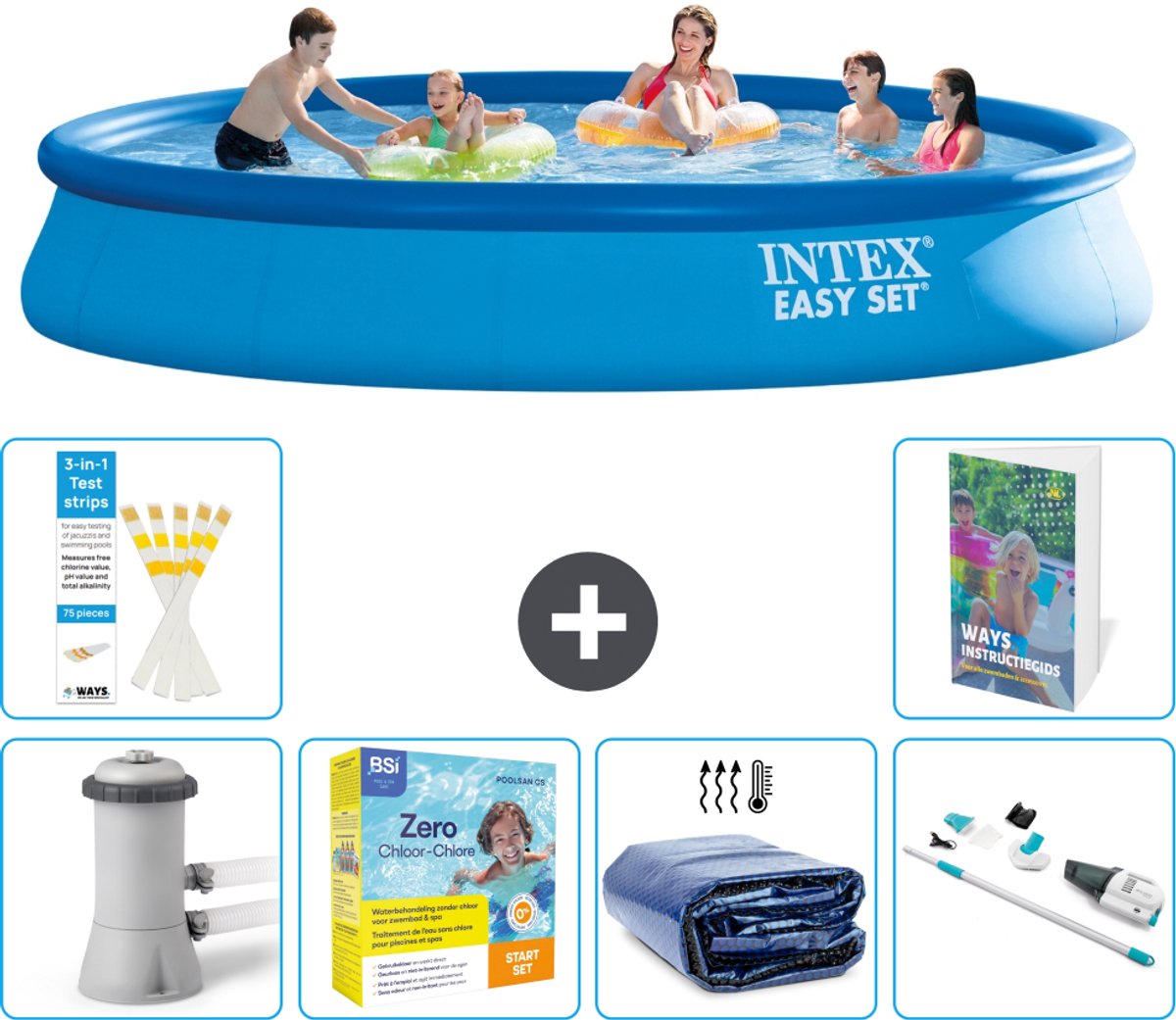 Intex Rond Opblaasbaar Easy Set Zwembad - 457 x 84 cm - Blauw - Inclusief Pomp - Onderhoudspakket - Solarzeil - Stofzuiger - 7-delig