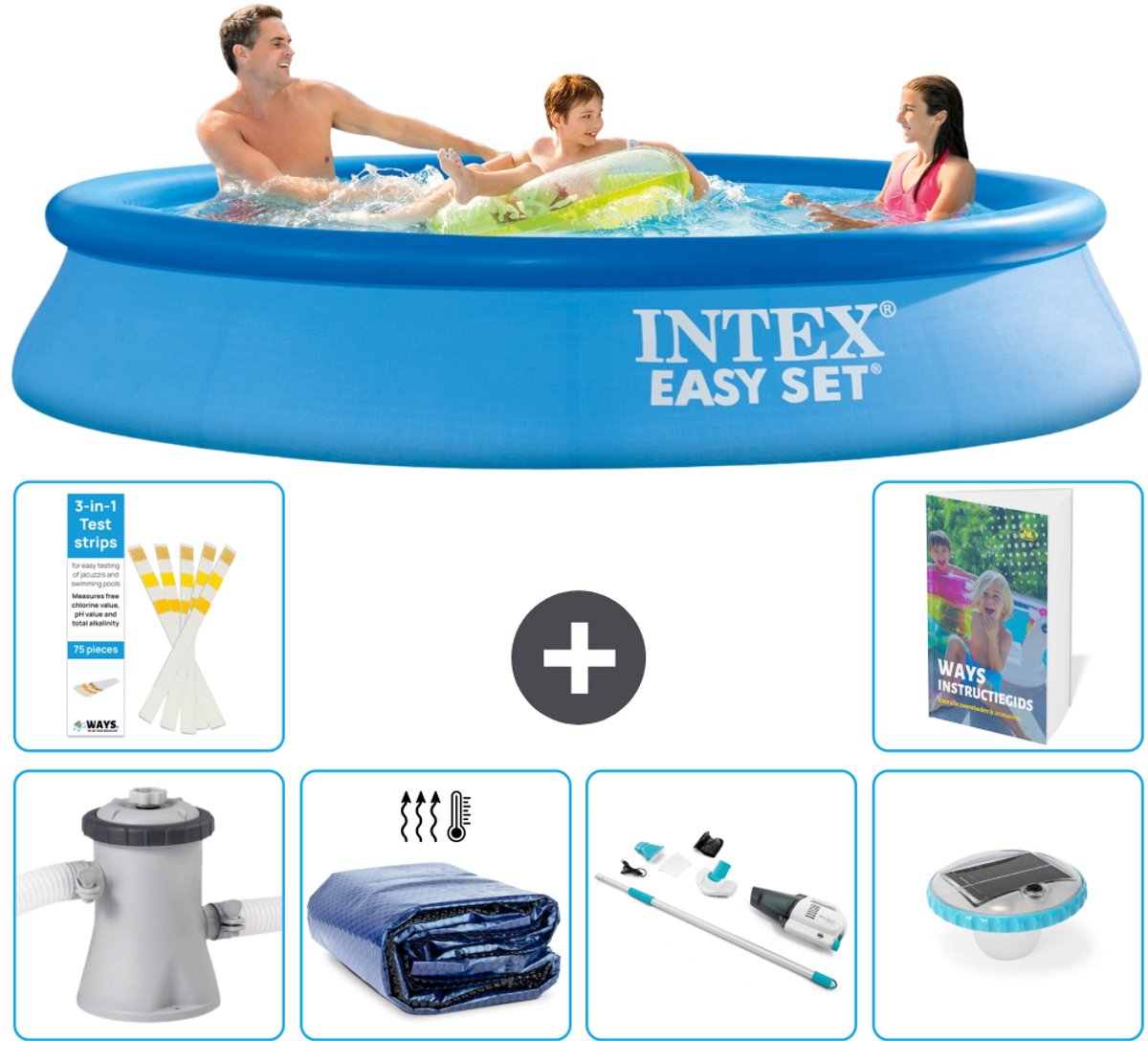 Intex Rond Opblaasbaar Easy Set Zwembad - 305 x 61 cm - Blauw - Inclusief Pomp - Solarzeil - Stofzuiger - Verlichting - 7-delig