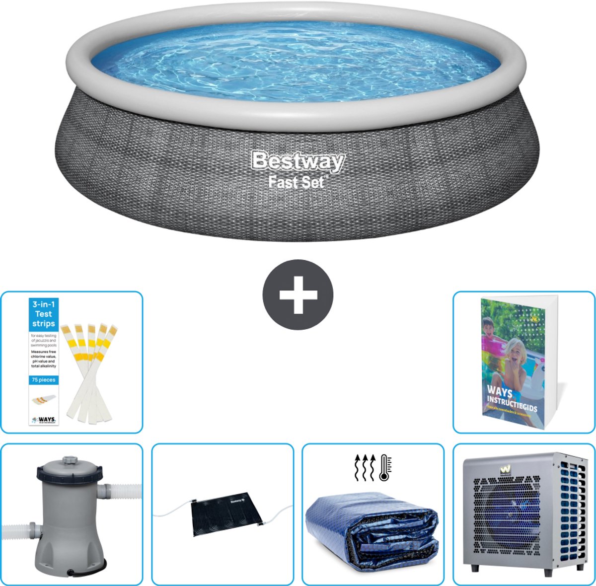 Bestway Rond Opblaasbaar Fast Set Zwembad - Rotanprint - 457 x 84 cm - Inclusief Pomp - Solar Mat - Solarzeil - Warmtepomp - 7-delig