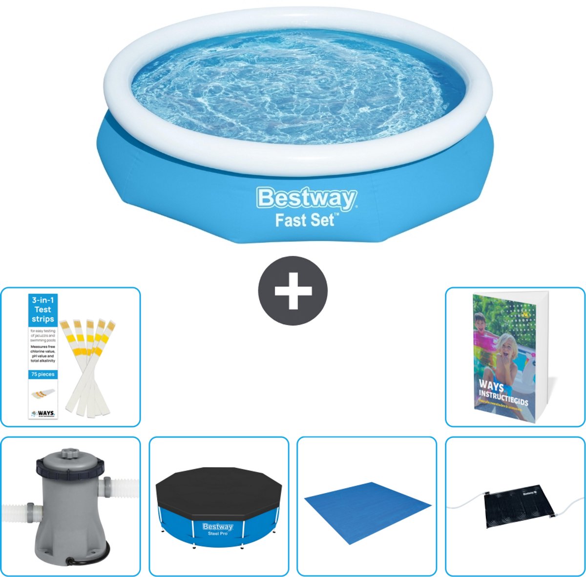 Bestway Rond Opblaasbaar Fast Set Zwembad - 305 x 66 cm - Blauw - Inclusief Pomp - Afdekzeil - Grondzeil - Solar Mat - 7-delig