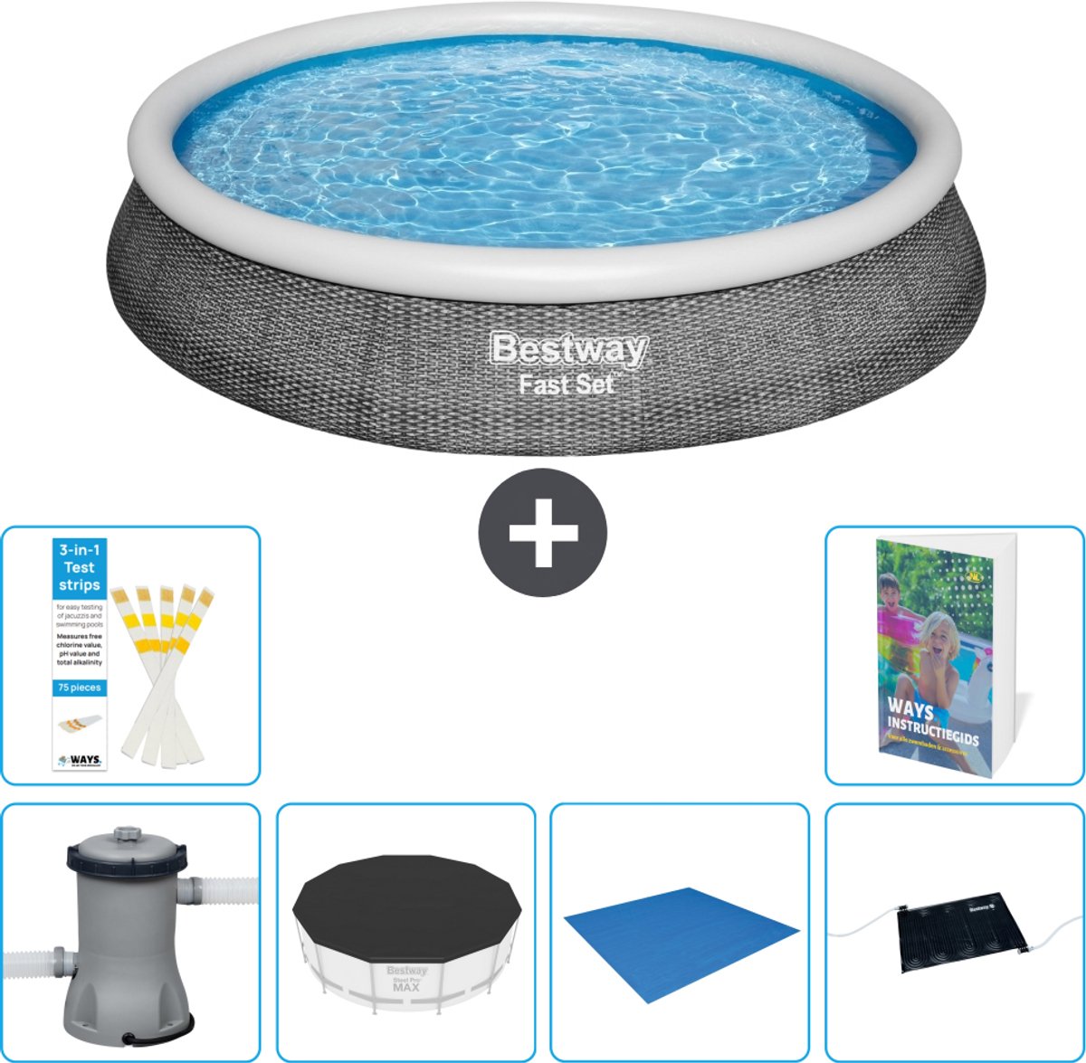 Bestway Rond Opblaasbaar Fast Set Zwembad - Rotanprint - 396 x 84 cm - Inclusief Pomp - Afdekzeil - Grondzeil - Solar Mat - 7-delig
