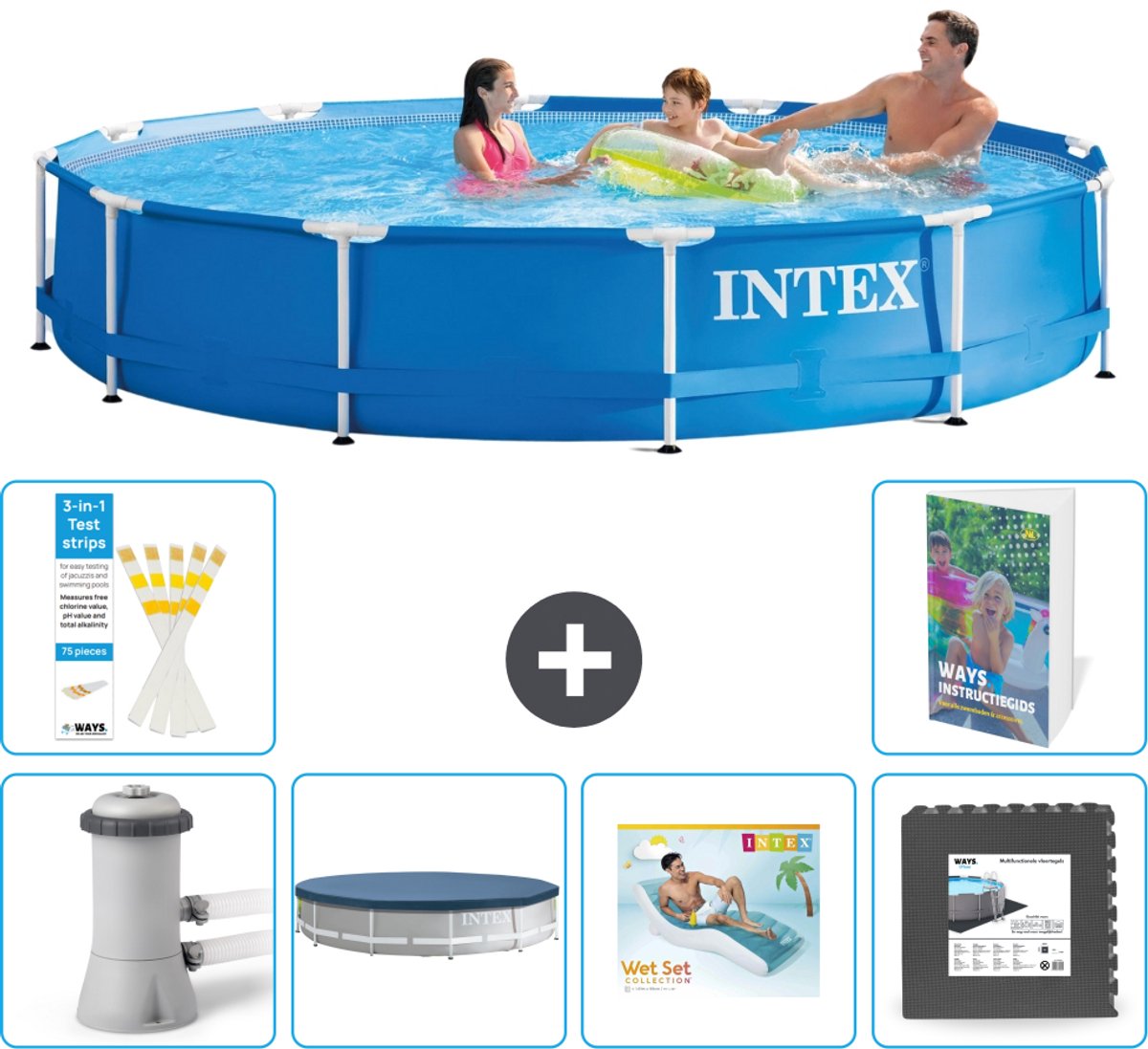 Intex Rond Frame Zwembad - 366 x 76 cm - Blauw - Inclusief Pomp - Afdekzeil - Loungebed - Vloertegels - 7-delig