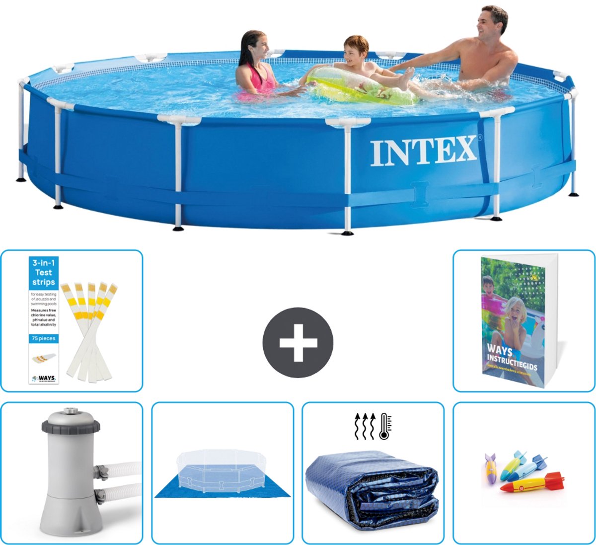 Intex Rond Frame Zwembad - 366 x 76 cm - Blauw - Inclusief Pomp - Grondzeil - Solarzeil - Speelgoed - 7-delig