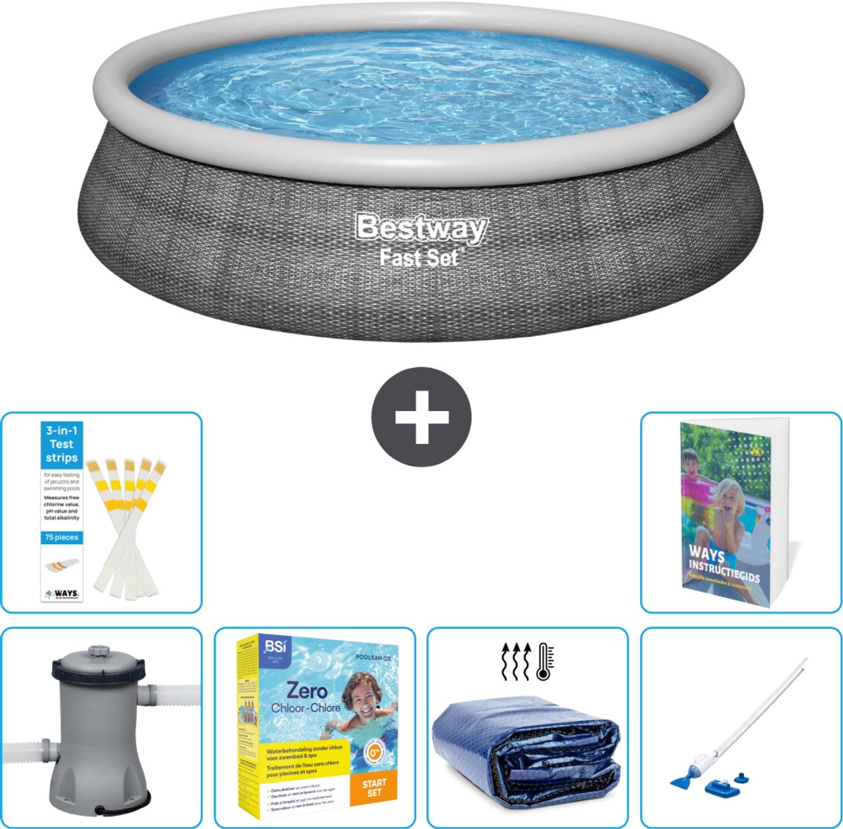 Bestway Rond Opblaasbaar Fast Set Zwembad - Rotanprint - 457 x 84 cm - Inclusief Pomp - Onderhoudspakket - Solarzeil - Stofzuiger - 7-delig