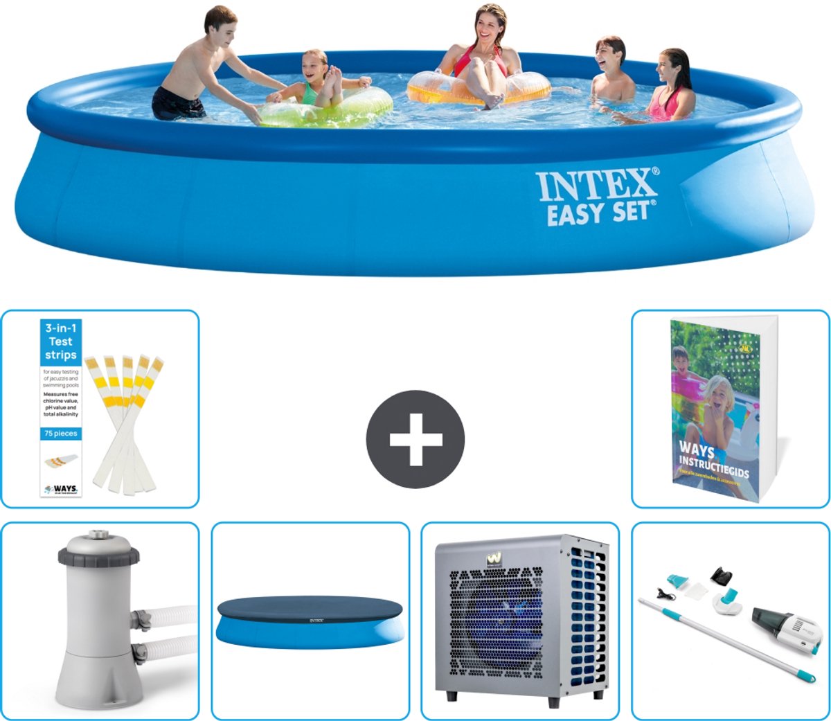 Intex Rond Opblaasbaar Easy Set Zwembad - 457 x 84 cm - Blauw - Inclusief Pomp - Afdekzeil - Warmtepomp - Stofzuiger - 7-delig