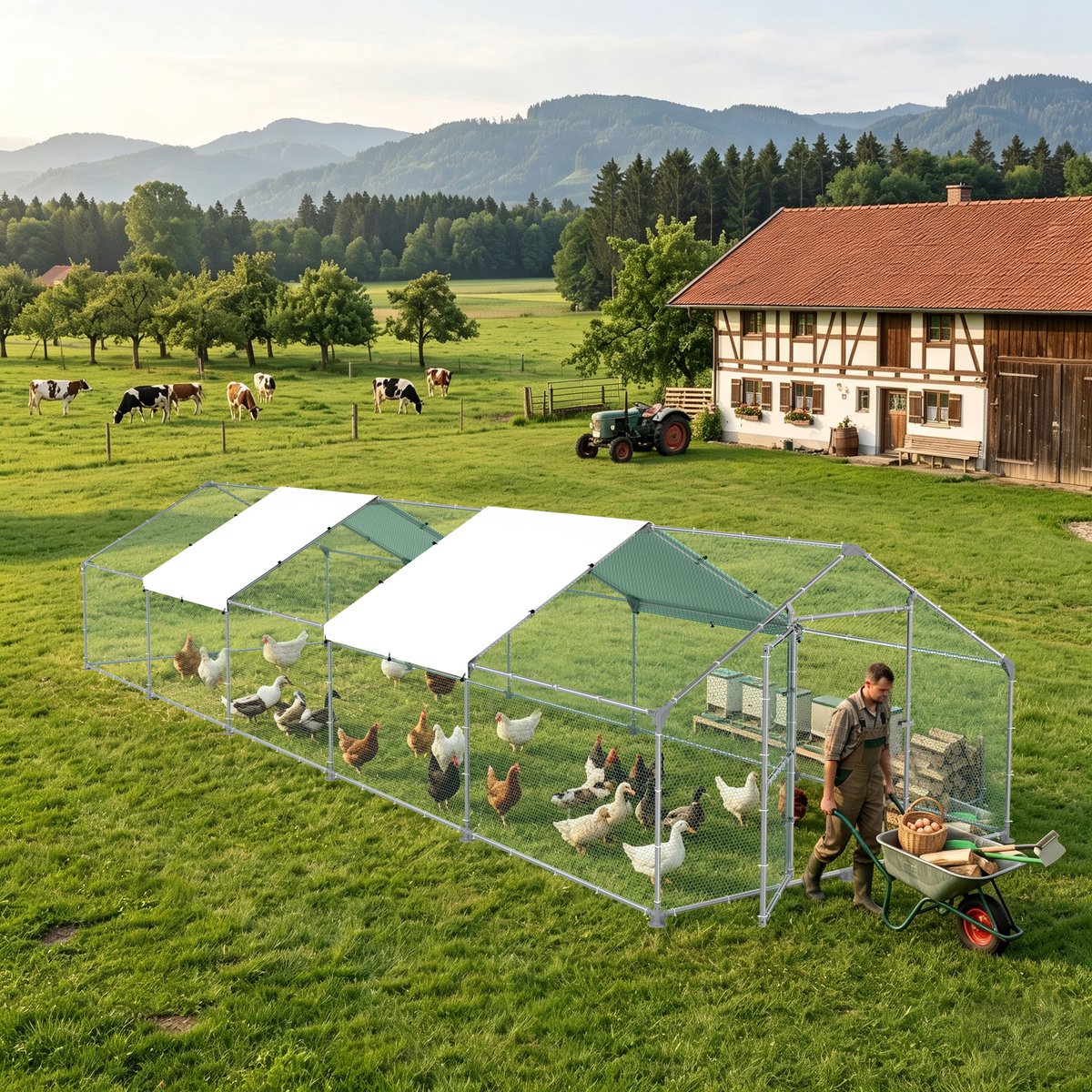 Froadp Kippenhok voor buiten 3 x 10 x 2 m met dak, uitloopren, pluimveestal met PE-bekleding en gegalvaniseerd stalen frame