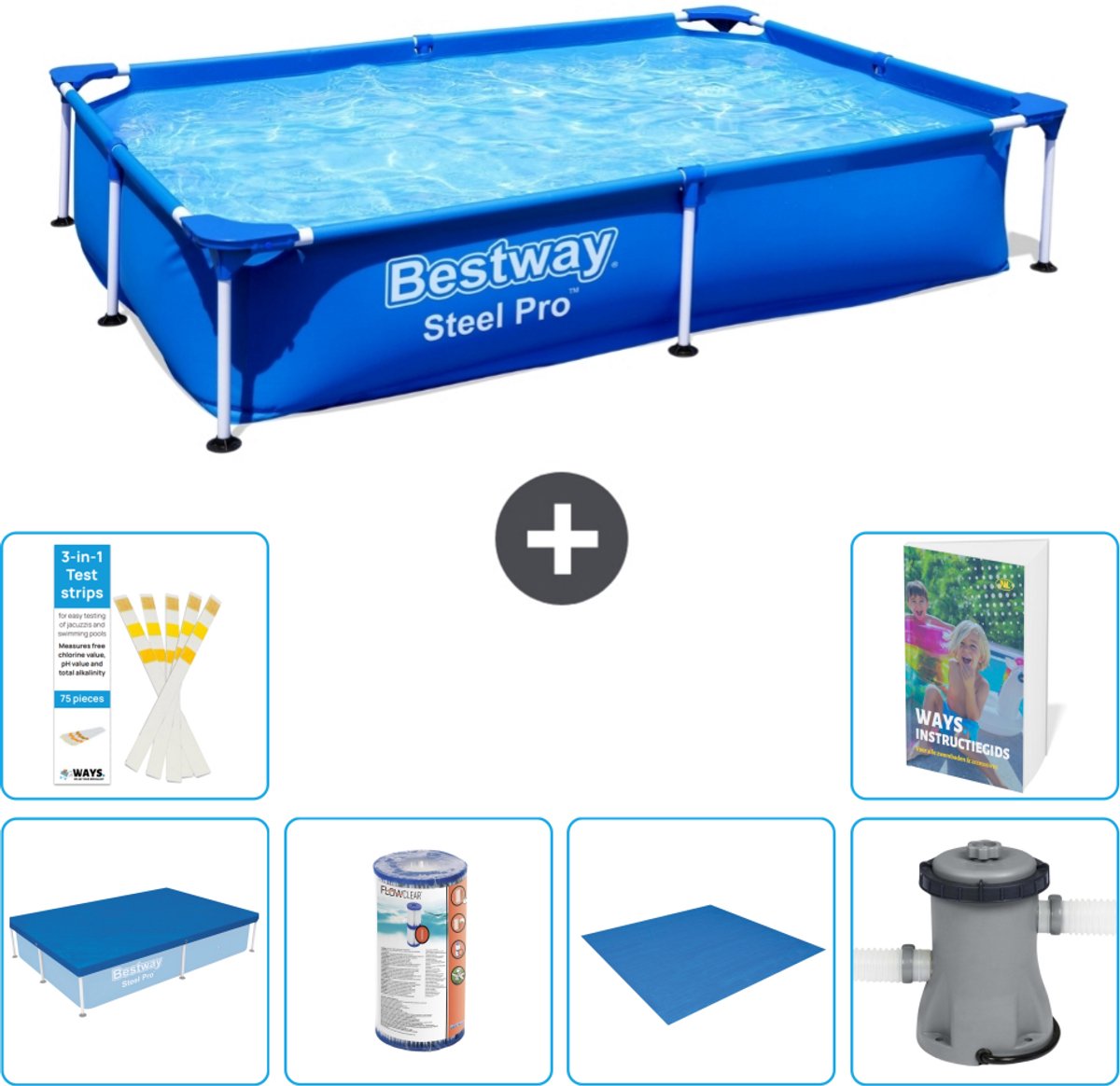 Bestway Rechthoekig Steel Pro Zwembad - 221 x 150 x 43 cm - Blauw - Inclusief Afdekzeil - Filter - Grondzeil - Zwembadfilterpomp - 7-delig