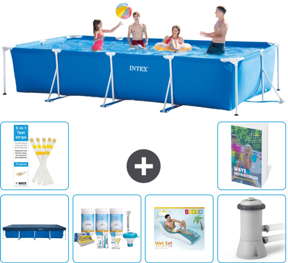Intex Rechthoekig Frame Zwembad - 450 x 220 x 84 cm - Blauw - Inclusief Afdekzeil - Onderhoudspakket - Loungebed - Zwembadfilterpomp - 7-delig