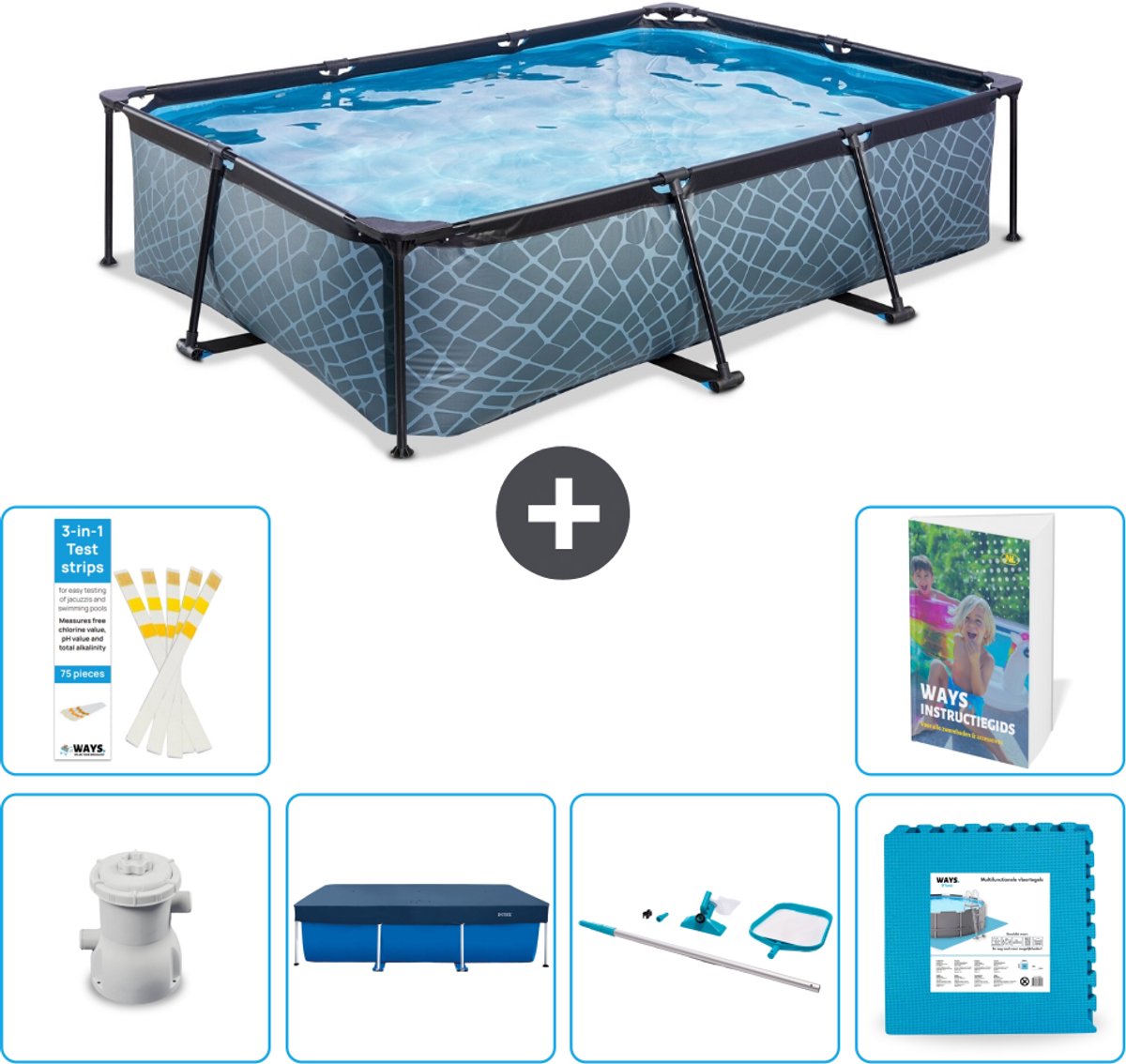 EXIT Rechthoekig Stone Frame Zwembad - 300 x 200 x 65 cm - Inclusief Pomp - Afdekzeil - Schoonmaakset - Vloertegels - 7-delig