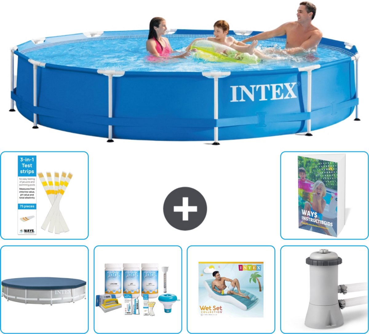 Intex Rond Frame Zwembad - 366 x 76 cm - Blauw - Inclusief Afdekzeil - Onderhoudspakket - Loungebed - Zwembadfilterpomp - 7-delig