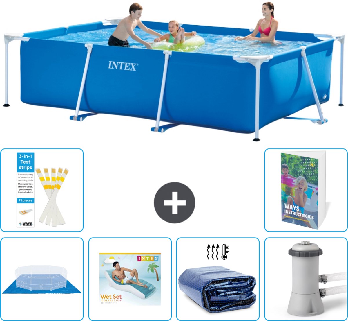 Intex Rechthoekig Frame Zwembad - 300 x 200 x 75 cm - Blauw - Inclusief Grondzeil - Loungebed - Solarzeil - Zwembadfilterpomp - 7-delig