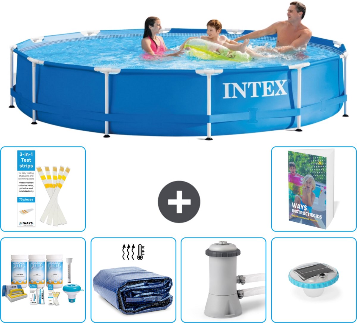 Intex Rond Frame Zwembad - 366 x 76 cm - Blauw - Inclusief Onderhoudspakket - Solarzeil - Zwembadfilterpomp - Verlichting - 7-delig
