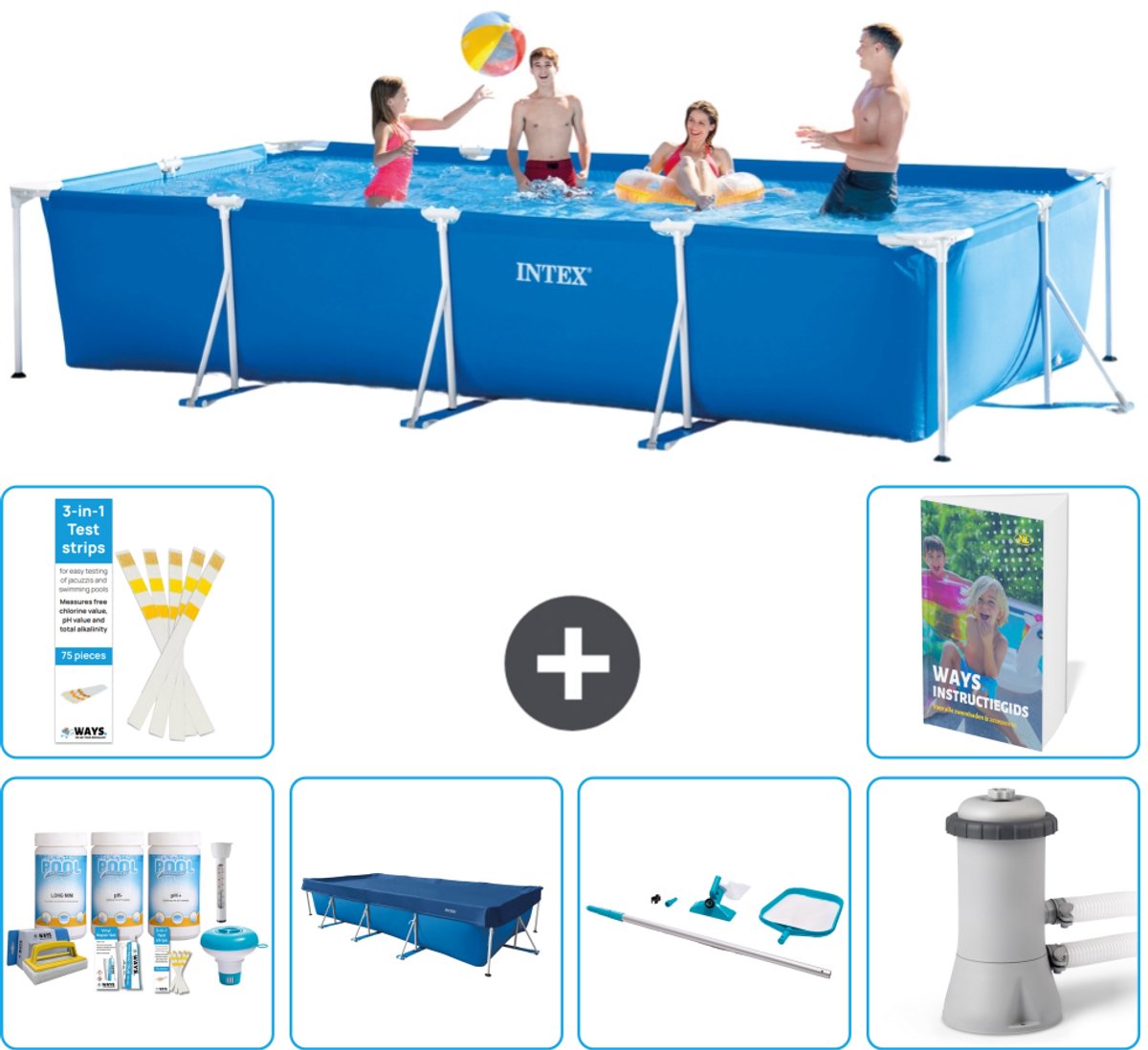 Intex Rechthoekig Frame Zwembad - 450 x 220 x 84 cm - Blauw - Inclusief Onderhoudspakket - Afdekzeil - Schoonmaakset - Zwembadfilterpomp - 7-delig