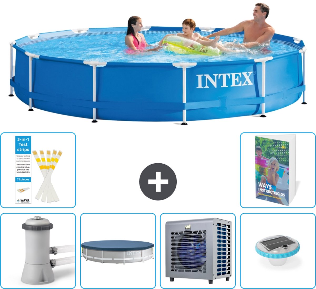 Intex Rond Frame Zwembad - 366 x 76 cm - Blauw - Inclusief Pomp - Afdekzeil - Warmtepomp - Verlichting - 7-delig
