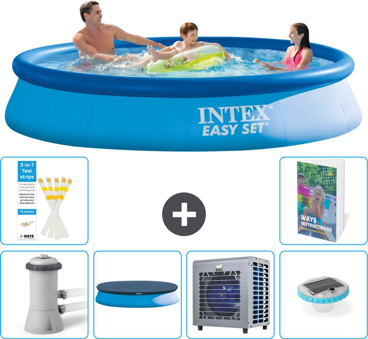 Intex Rond Opblaasbaar Easy Set Zwembad - 366 x 76 cm - Blauw - Inclusief Pomp - Afdekzeil - Warmtepomp - Verlichting - 7-delig