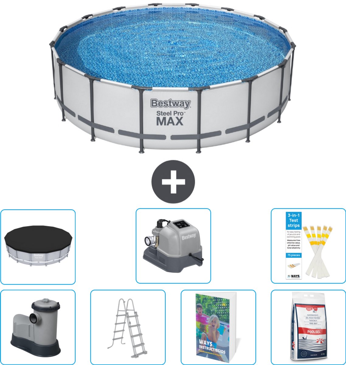 Bestway Rond Steel Pro MAX Zwembad - 488 x 122 cm - Grijs - Inclusief Pomp - Ladder - Afdekzeil - Zoutwatersysteem - Zwembadzout - 8-delig