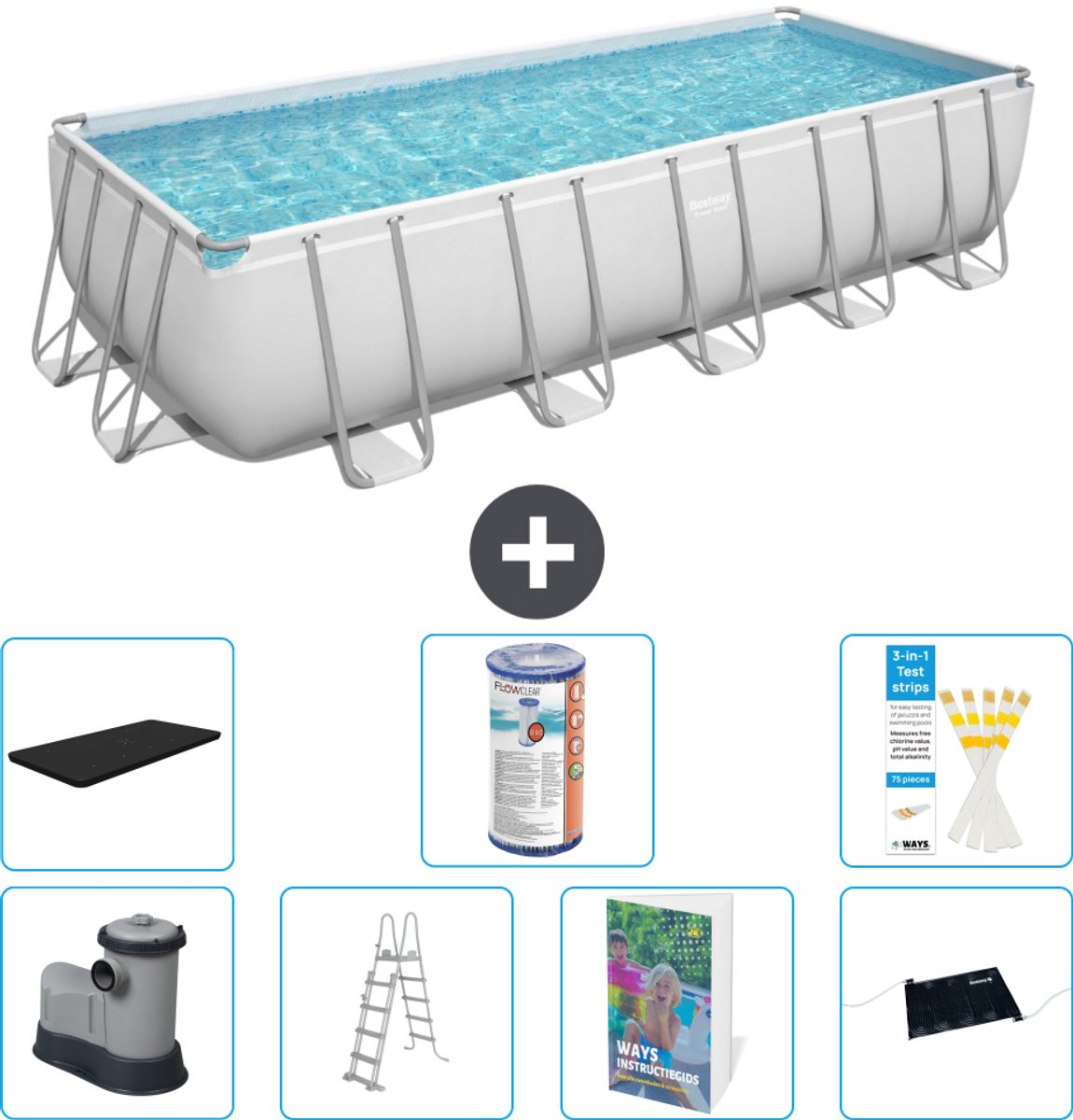 Bestway Rechthoekig Power Steel Zwembad - 640 x 274 x 132 - Grijs - Inclusief Pomp - Ladder - Afdekzeil - Filter - Solar Mat - 8-delig