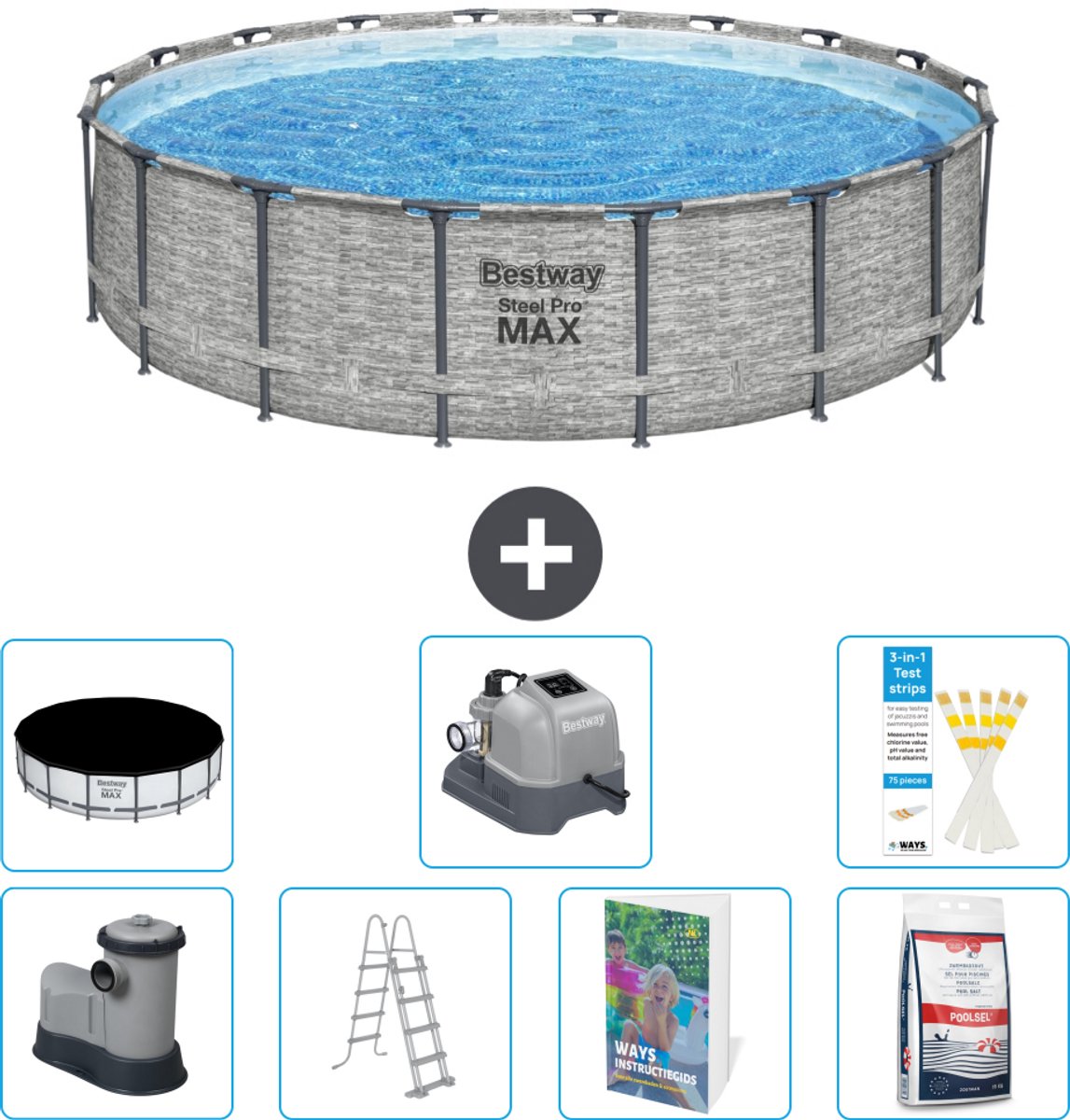 Bestway Rond Steel Pro MAX Zwembad - Steenprint - 549 x 122 - Inclusief Pomp - Ladder - Afdekzeil - Zoutwatersysteem - Zwembadzout - 8-delig