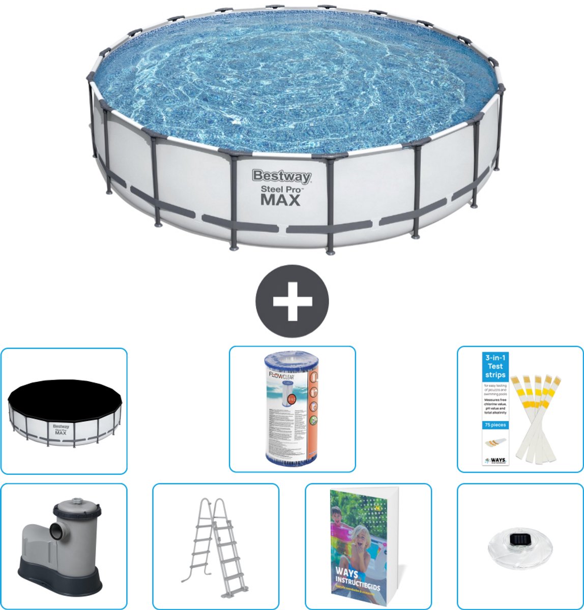 Bestway Rond Steel Pro MAX Zwembad - 549 x 122 cm - Grijs - Inclusief Pomp - Ladder - Afdekzeil - Filter - Verlichting - 8-delig