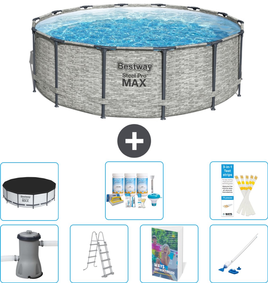 Bestway Rond Steel Pro MAX Zwembad - Steenprint - 427 x 122 cm - Inclusief Pomp - Ladder - Afdekzeil - Onderhoudspakket - Stofzuiger - 8-delig