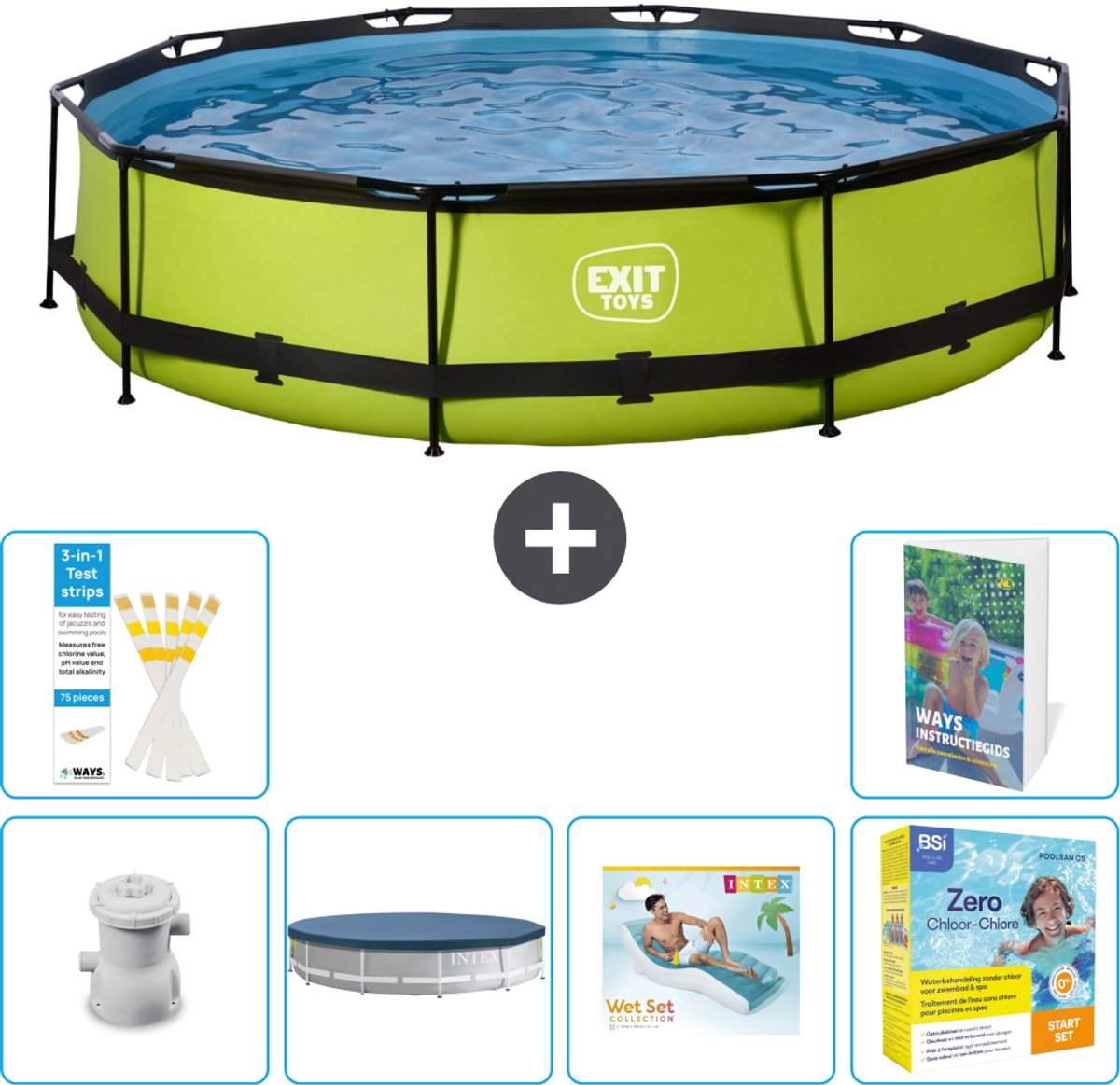 EXIT Rond Lime Frame Zwembad - 360 x 76 cm - Inclusief Pomp - Afdekzeil - Loungebed - Onderhoudspakket - 7-delig