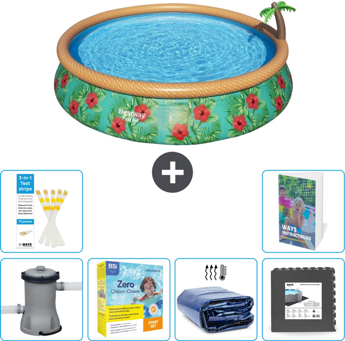 Bestway Rond Opblaasbaar Fast Set Zwembad - Paradijsprint - 457 x 84 cm - Inclusief Pomp - Onderhoudspakket - Solarzeil - Vloertegels - 7-delig