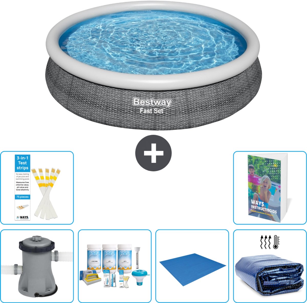 Bestway Rond Opblaasbaar Fast Set Zwembad - Rotanprint - 366 x 76 cm - Inclusief Pomp - Onderhoudspakket - Grondzeil - Solarzeil - 7-delig