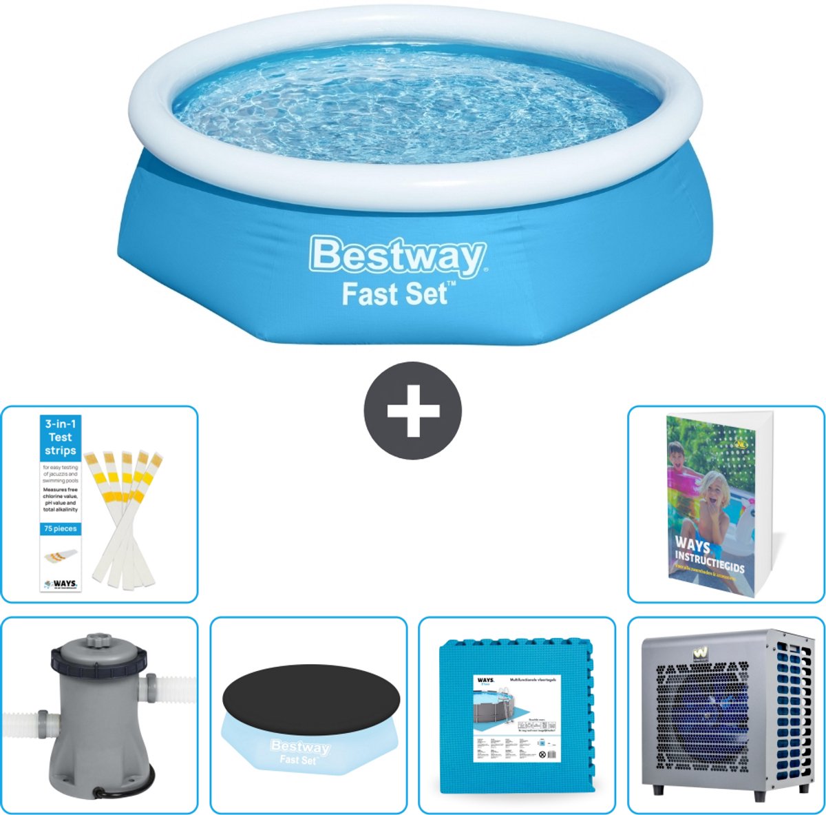 Bestway Rond Opblaasbaar Fast Set Zwembad - 244 x 61 cm - Blauw - Inclusief Pomp - Afdekzeil - Vloertegels - Warmtepomp - 7-delig