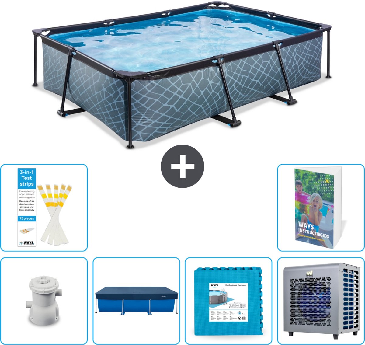 EXIT Rechthoekig Stone Frame Zwembad - 300 x 200 x 65 cm - Inclusief Pomp - Afdekzeil - Vloertegels - Warmtepomp - 7-delig