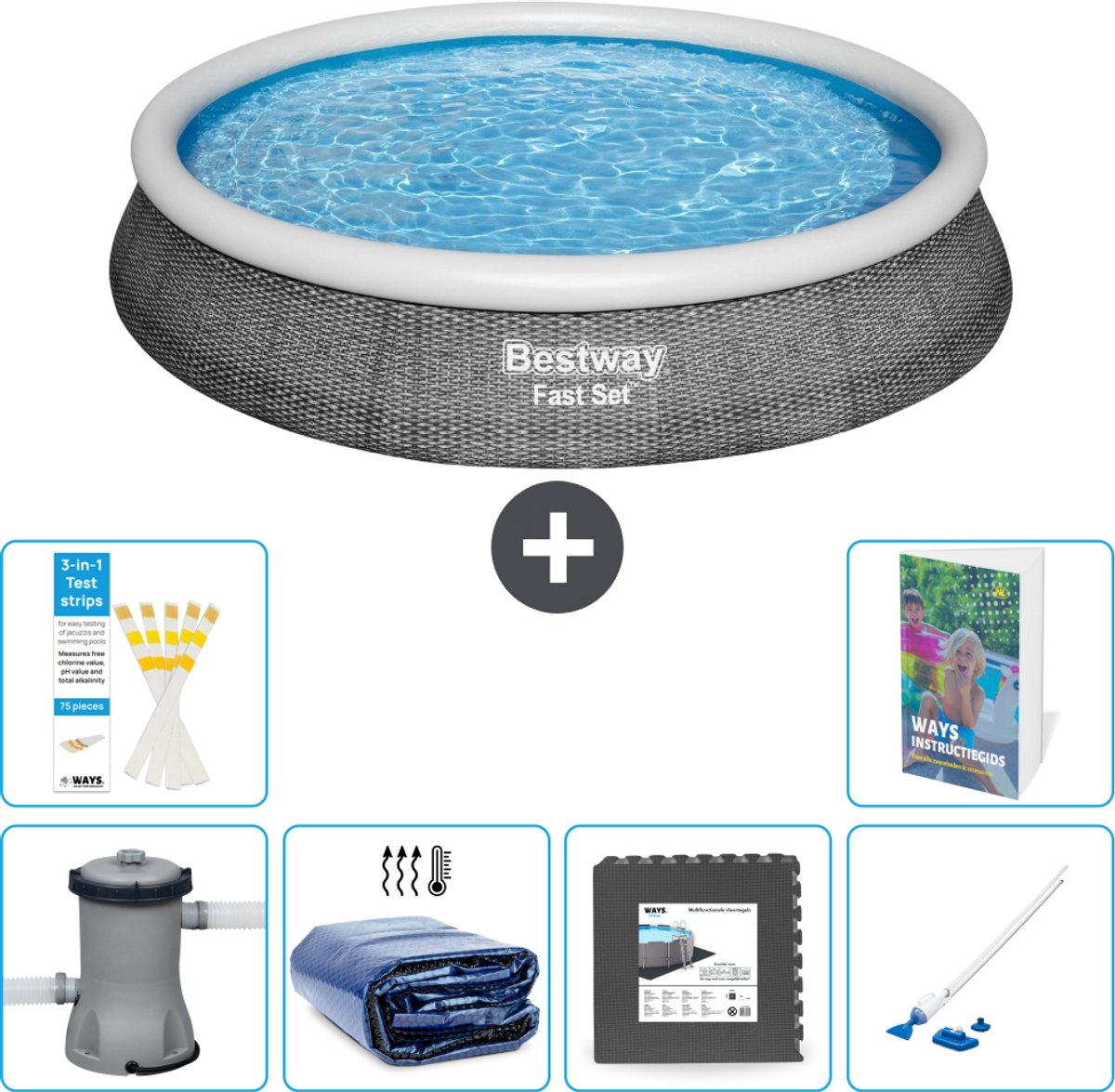 Bestway Rond Opblaasbaar Fast Set Zwembad - Rotanprint - 396 x 84 cm - Inclusief Pomp - Solarzeil - Vloertegels - Stofzuiger - 7-delig