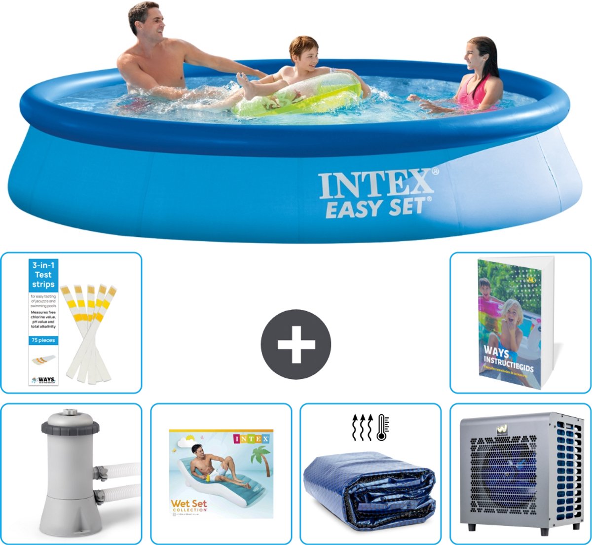 Intex Rond Opblaasbaar Easy Set Zwembad - 366 x 76 cm - Blauw - Inclusief Pomp - Loungebed - Solarzeil - Warmtepomp - 7-delig