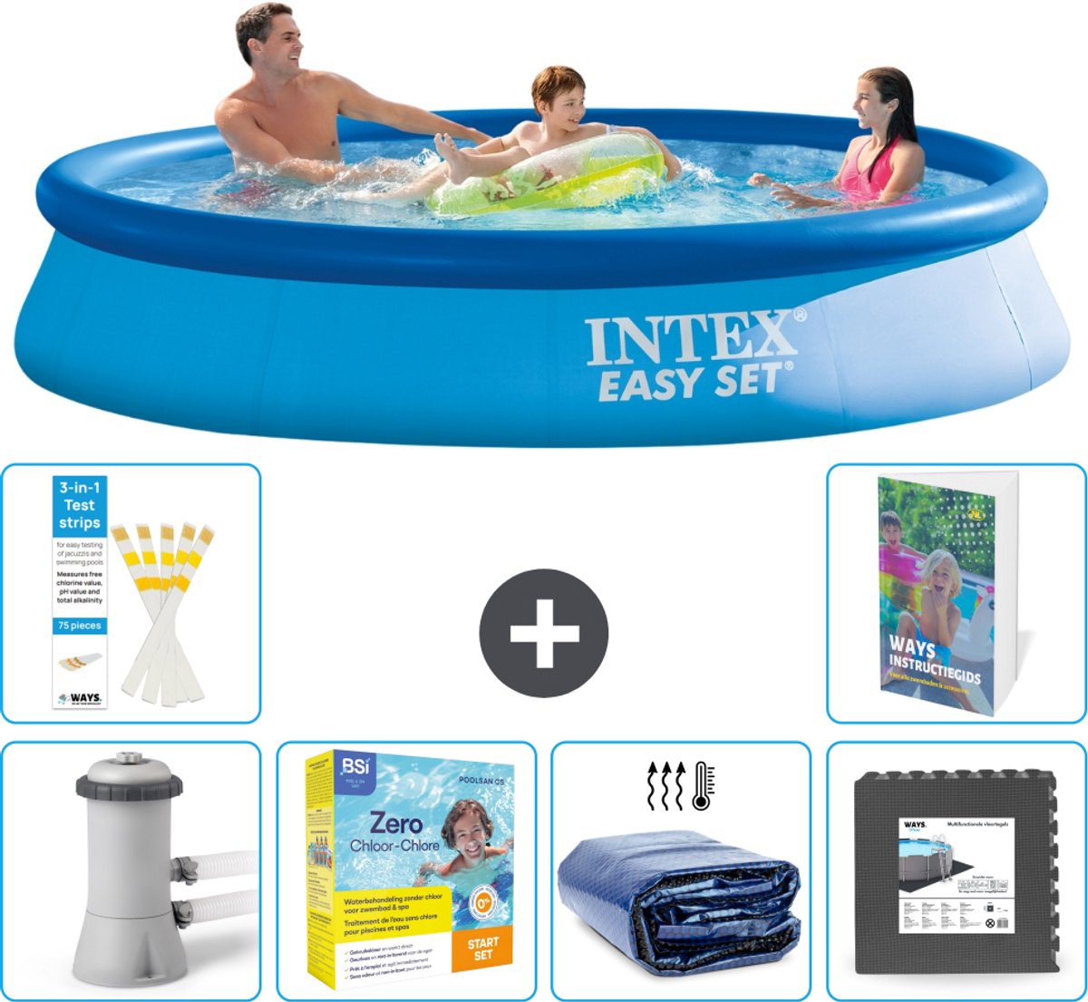Intex Rond Opblaasbaar Easy Set Zwembad - 366 x 76 cm - Blauw - Inclusief Pomp - Onderhoudspakket - Solarzeil - Vloertegels - 7-delig
