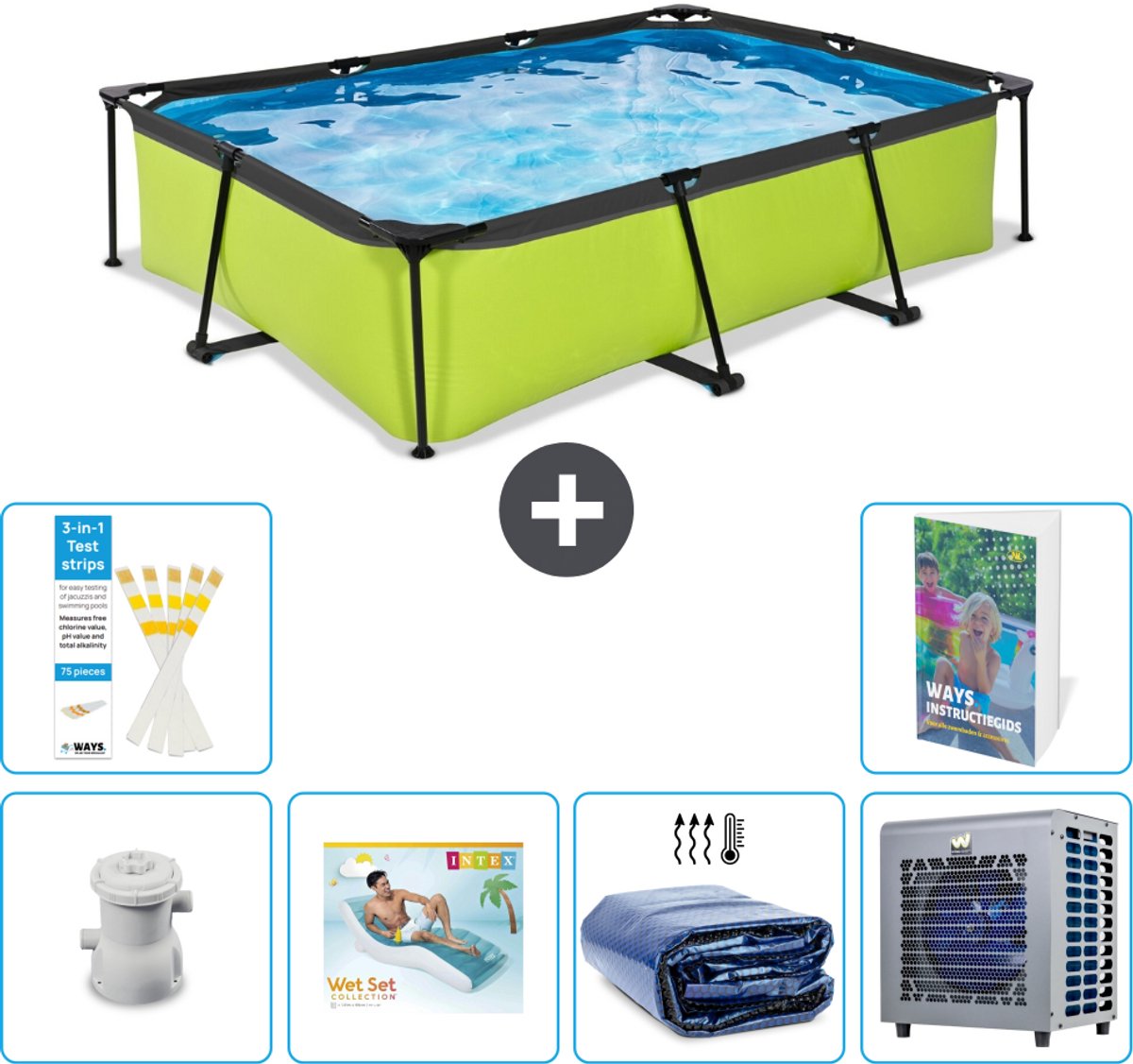 EXIT Rechthoekig Lime Frame Zwembad - 300 x 200 x 65 cm - Inclusief Pomp - Loungebed - Solarzeil - Warmtepomp - 7-delig