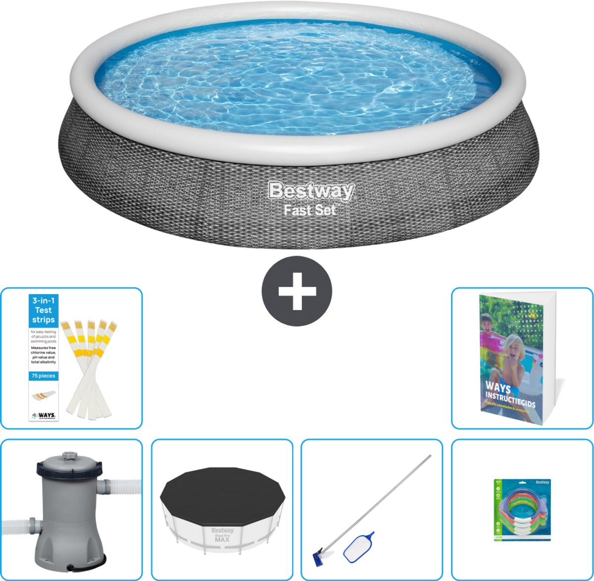 Bestway Rond Opblaasbaar Fast Set Zwembad - Rotanprint - 396 x 84 cm - Inclusief Pomp - Afdekzeil - Schoonmaakset - Speelgoed - 7-delig