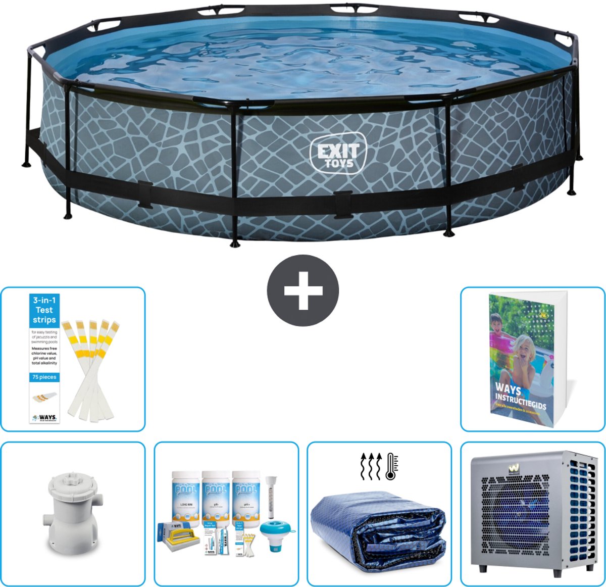 EXIT Rond Stone Frame Zwembad - 360 x 76 cm - Inclusief Pomp - Onderhoudspakket - Solarzeil - Warmtepomp - 7-delig
