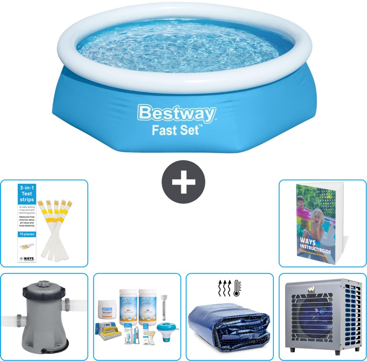 Bestway Rond Opblaasbaar Fast Set Zwembad - 244 x 61 cm - Blauw - Inclusief Pomp - Onderhoudspakket - Solarzeil - Warmtepomp - 7-delig