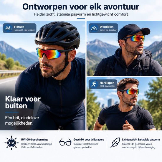 Polariserende Fietsbril met 5 Verwisselbare Lenzen - Sportbril voor Wielrennen MTB - Bril op Sterkte Mogelijk - Zwart — afbeelding 4