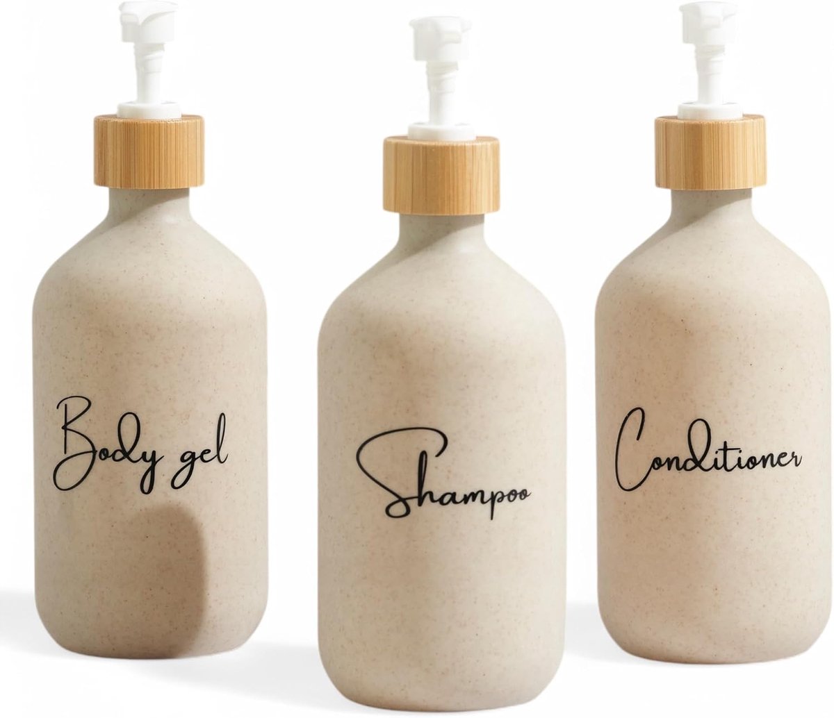 SnelShoppen - Lege Pompfles, Navulbaar, Dispenser, Vloeibare Zeep, Crème, 3 Flessen, Shampoo, Gel, Badkamer, Hotel, Elegante Design, Beige