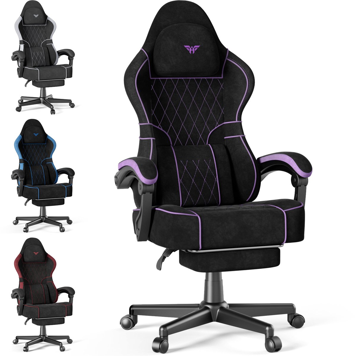 Arvioo CK-HD560 Gaming Stoel - Voetensteun - Massage Lendenkussen - Nubuck Fluweel Zwart-Paars