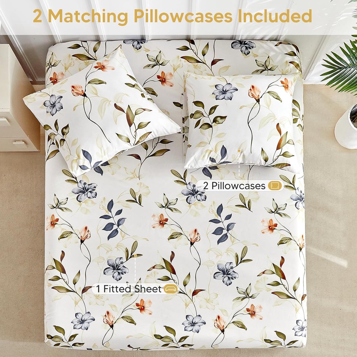 SnelShoppen - Fitted Sheet 160 x 200 cm Beige Herfstbladpatroon met 35 cm Diepe Pocket en 2 Kussenslopen 80 x 80 cm met Rits Sluiting