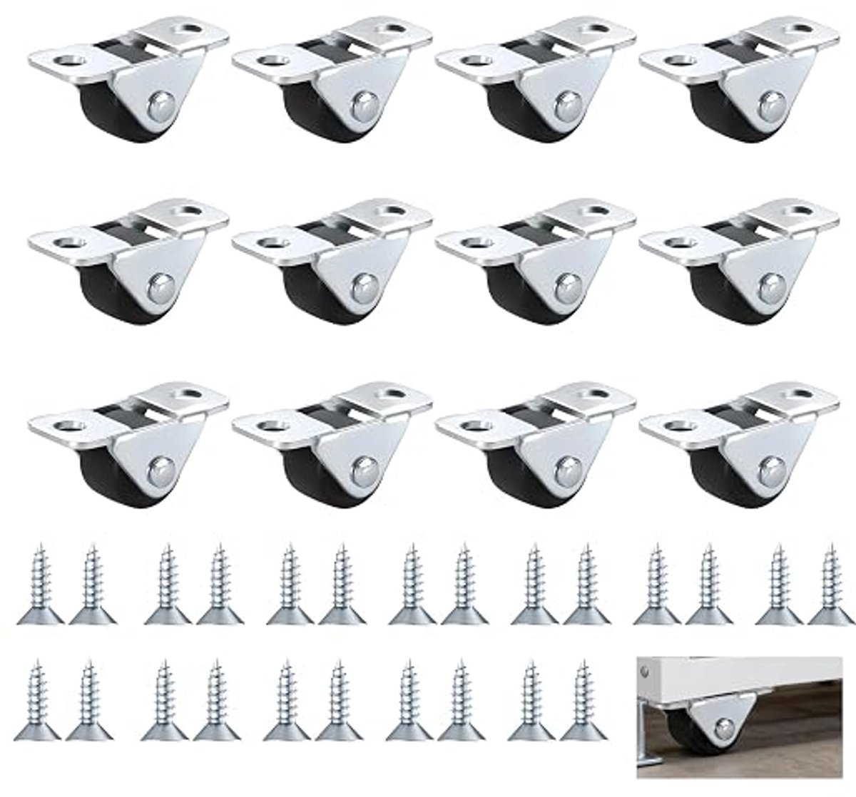 Meubelwielen - 12 stuks - 0.5 inch - enkelzijdige wielen - mini atuurwielen - Zwenkwielen - kleine rubberen wielen met stalen bovenplaat - Kleine vaste wielen met een laag profiel - voor kleine apparaten - rolkasten