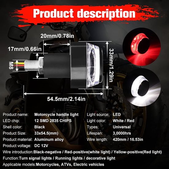 KZQ 2-delige LED richtingaanwijzers voor motor en fiets - Dubbele kleur stuurplug knipperlichten - Wit en rood — afbeelding 4