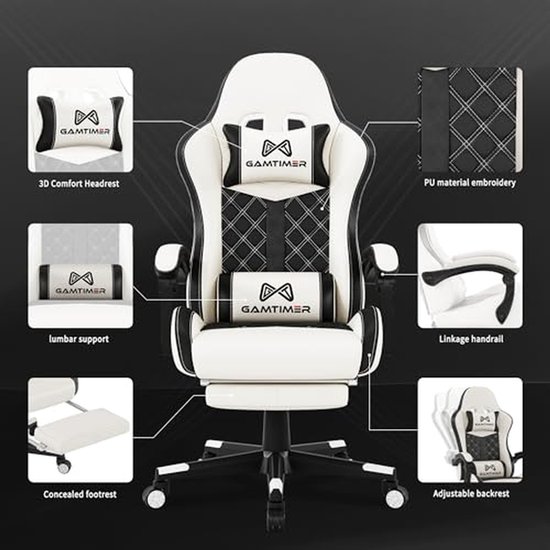 Gamingstoel met Voetensteun - Computerstoel Ergonomisch - Comfortabel Gamen - Verstelbare Rugleuning - 130 cm Hoog - Wit — afbeelding 4