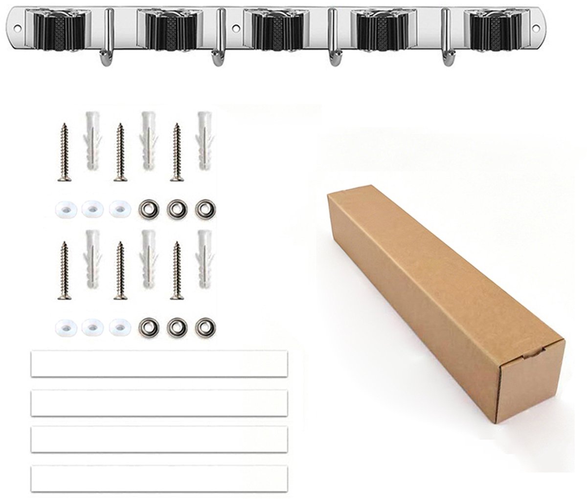 Wandrek voor gereedschap - 2-delige set - 5 clips, 4 haken - 43,2 cm - Hangende opbergplank - Geschikt voor tuingereedschap, bezems en andere benodigdheden - Inclusief montageschroeven - Roestvrij staal - Stevig en duurzaam - Zilver