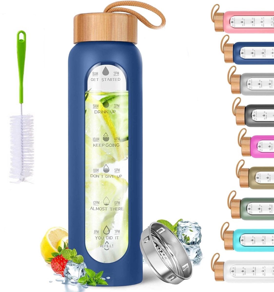 KZQ 1 liter glazen waterfles met tijdmarkering en rieten - Lekvrij en BPA- Motivatie voor fitness en dagelijks gebruik - Grijs