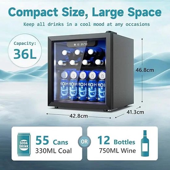 Joorly Mini Koelkast - Minibar - Drankkoelkast met glazen deur - Minibar voor 126 blikjes - met LED en temperatuurregeling - Wijn en bier koelkast - 43×41×47 cm - Zwart- RVS — afbeelding 2