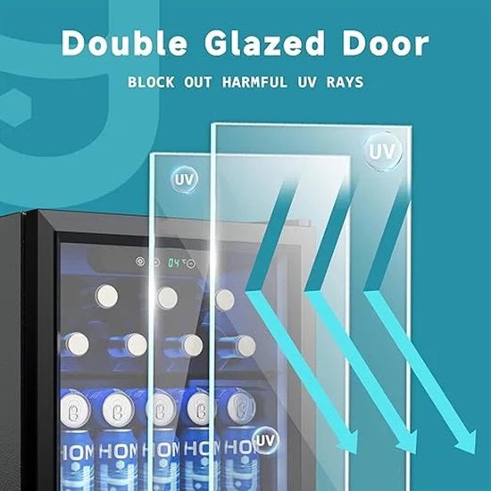 Joorly Mini Koelkast - Minibar - Drankkoelkast met glazen deur - Minibar voor 126 blikjes - met LED en temperatuurregeling - Wijn en bier koelkast - 43×41×47 cm - Zwart- RVS — afbeelding 5