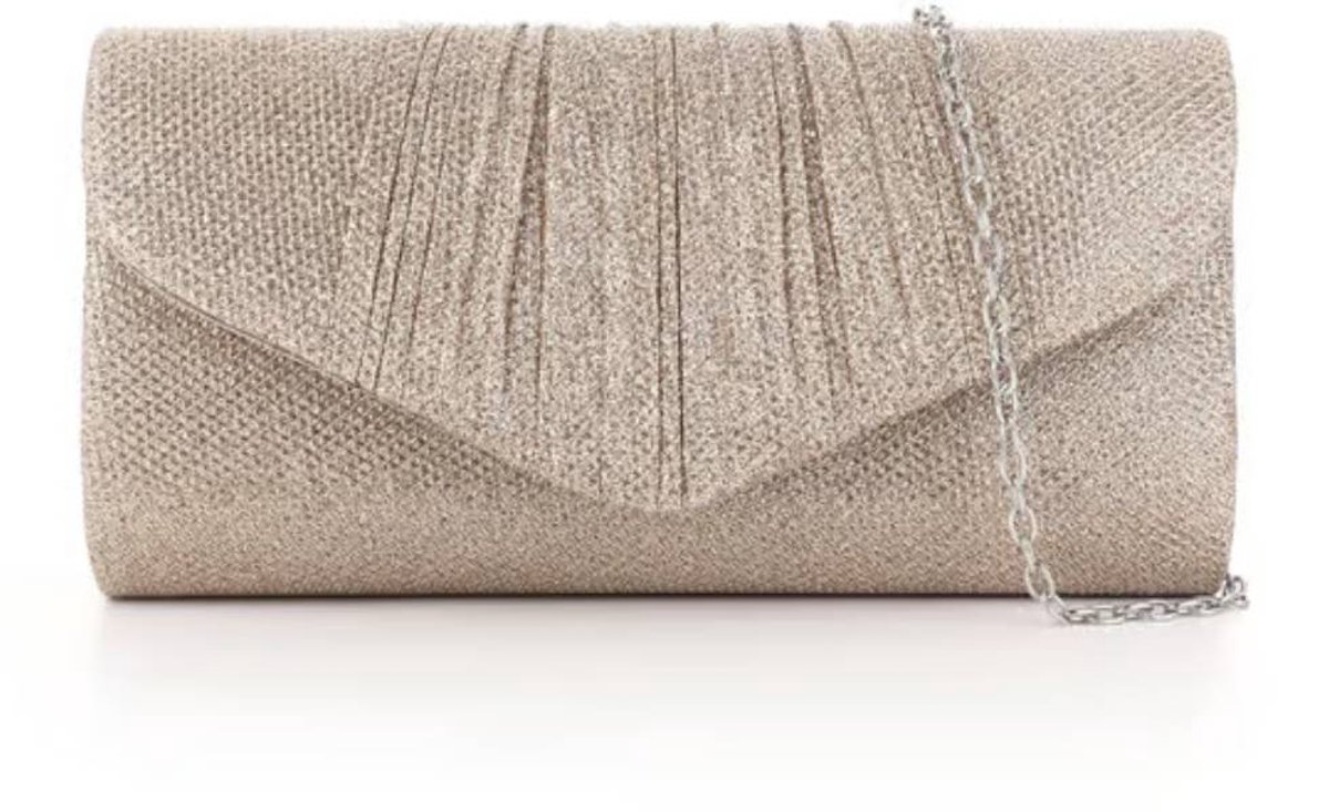 Glanzende clutch met geplooide klep – Elegante avondtas voor dames – Vakantietas met afneembare ketting – 24 x 14 cm – Champagne