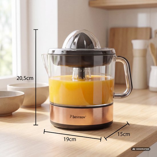 Bestron Citruspers Elektrisch - ACJ350CO - 40W - Incl. 2 perskegels, aromadeksel, sap reservoir - 0,7 Liter - Koper - 5 jaar garantie van Merkloos — afbeelding 2