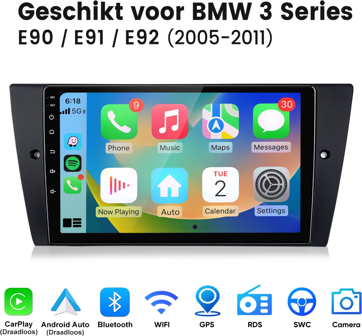 Junsun Android 15 Autoradio met Bluetooth Geschikt Voor BMW 3er E90 E91 E92 E93 - 4GB+64GB - Draadloze CarPlay & Andriod Auto - GPS-navigatiesysteem - Stuurwielbediening - WiFi - 9-inch Touchscreen - RDS - DSP -USB